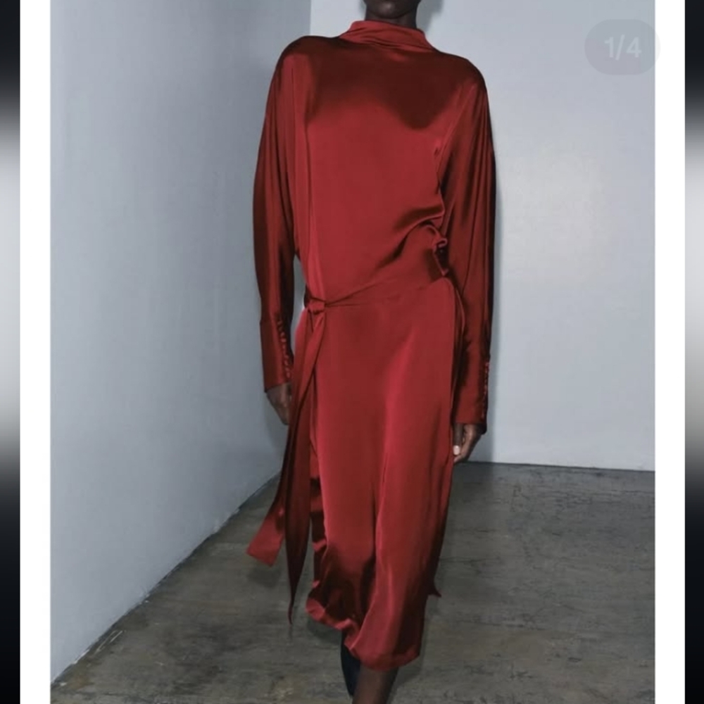 Zara Rust Red Satin Midi Dress - Picture 2 of 6